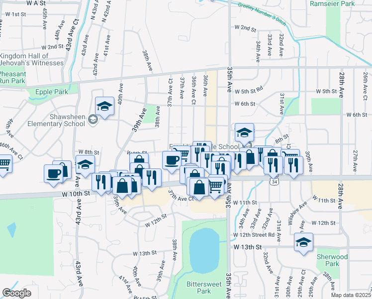 map of restaurants, bars, coffee shops, grocery stores, and more near 818 37th Avenue in Greeley