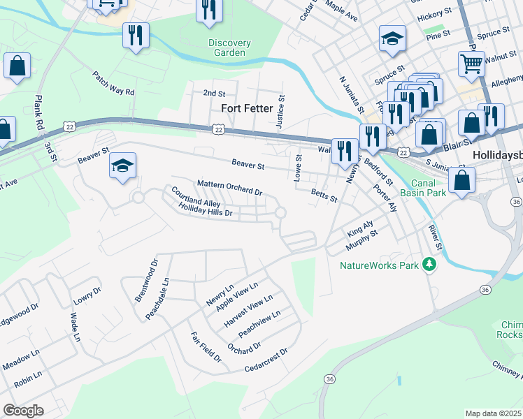 map of restaurants, bars, coffee shops, grocery stores, and more near Courtland Alley in Hollidaysburg