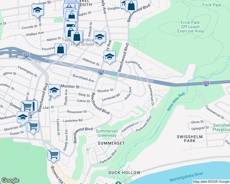 map of restaurants, bars, coffee shops, grocery stores, and more near 6476 Monitor Street in Pittsburgh