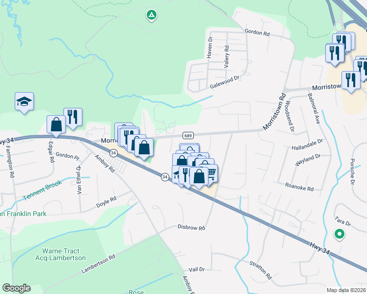 map of restaurants, bars, coffee shops, grocery stores, and more near 519 Morristown Road in Matawan