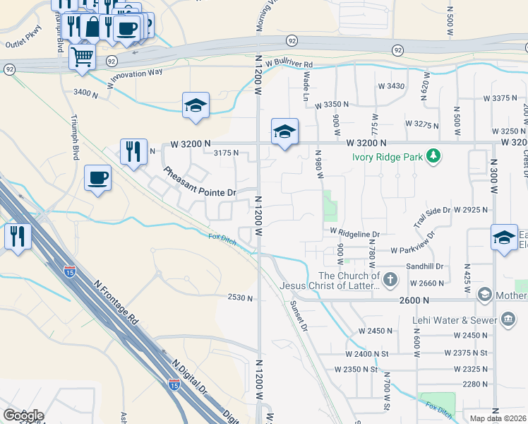map of restaurants, bars, coffee shops, grocery stores, and more near 1195 West 2980 North in Lehi