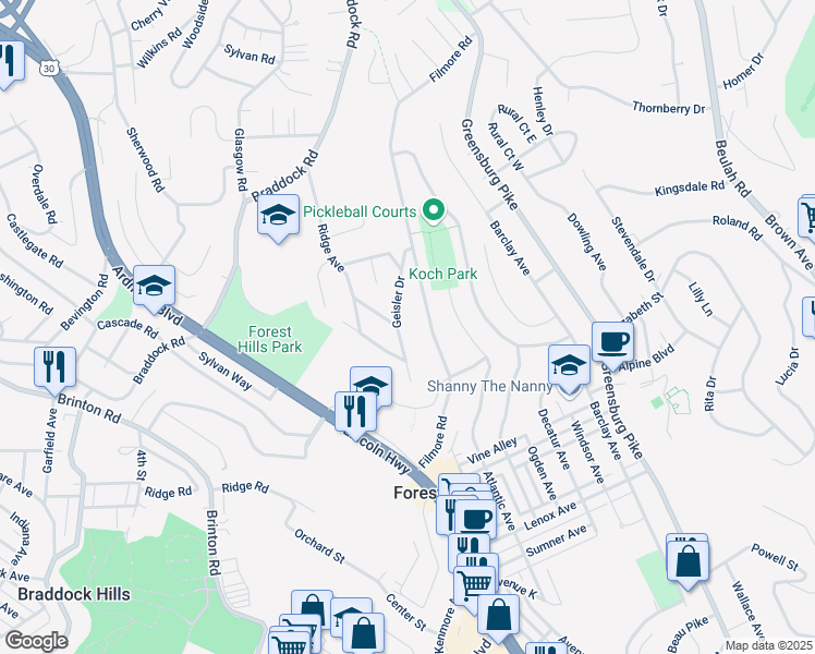 map of restaurants, bars, coffee shops, grocery stores, and more near 451 Filmore Road in Pittsburgh