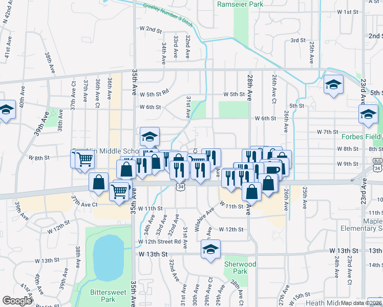 map of restaurants, bars, coffee shops, grocery stores, and more near 3036 West 8th Street Road in Greeley