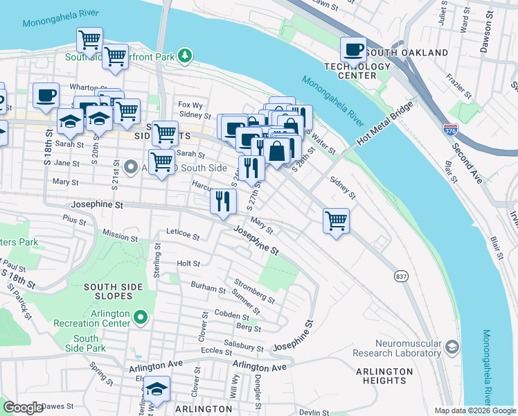 map of restaurants, bars, coffee shops, grocery stores, and more near 63 South 27th Street in Pittsburgh