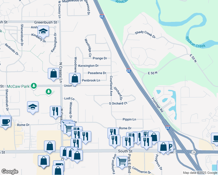 map of restaurants, bars, coffee shops, grocery stores, and more near 3897 Union Street in Lafayette