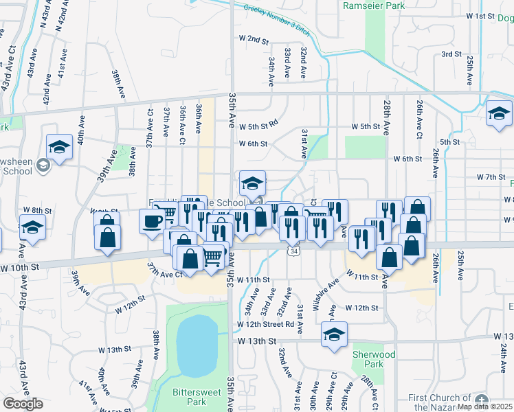 map of restaurants, bars, coffee shops, grocery stores, and more near 818 35th Avenue in Greeley