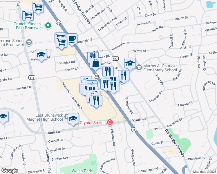 map of restaurants, bars, coffee shops, grocery stores, and more near Cindy Way in East Brunswick