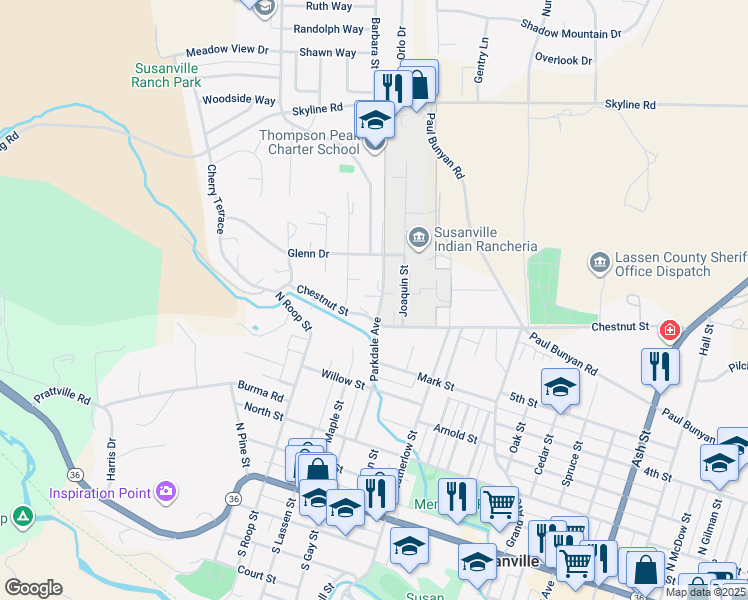 map of restaurants, bars, coffee shops, grocery stores, and more near 630 Parkdale Avenue in Susanville