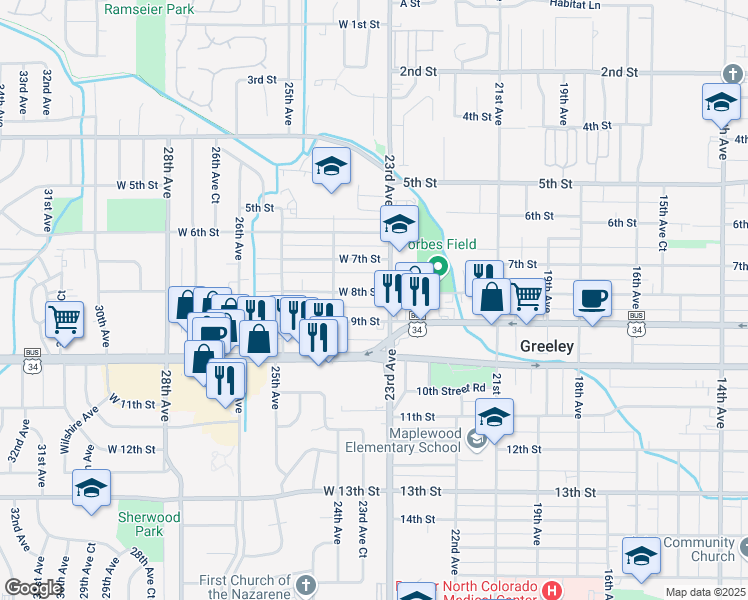 map of restaurants, bars, coffee shops, grocery stores, and more near 2310 West 8th Street in Greeley