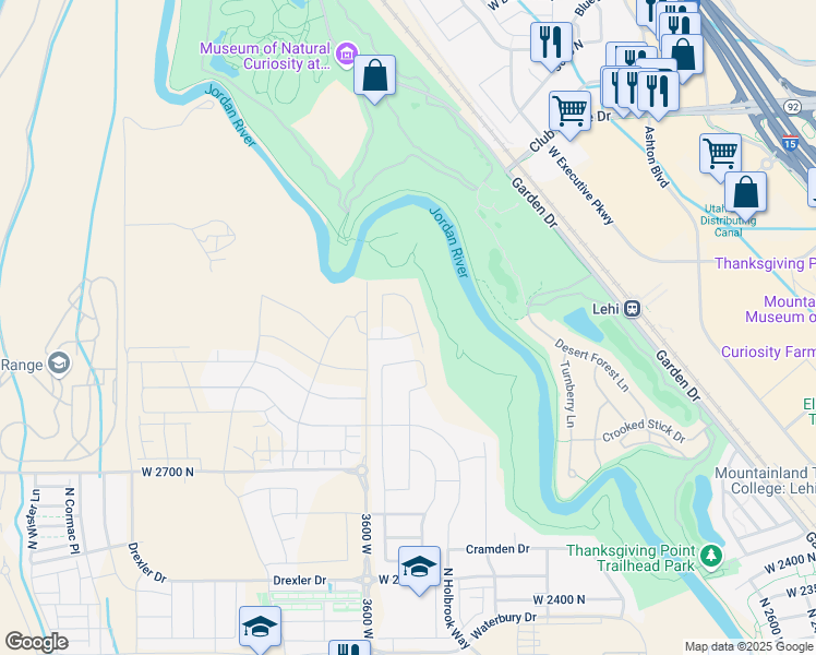 map of restaurants, bars, coffee shops, grocery stores, and more near Jordan River Parkway in Lehi