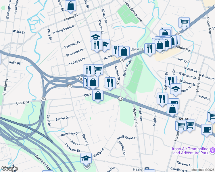 map of restaurants, bars, coffee shops, grocery stores, and more near 36 Center Street in Keyport