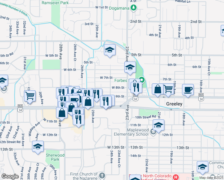 map of restaurants, bars, coffee shops, grocery stores, and more near 802 24th Avenue in Greeley