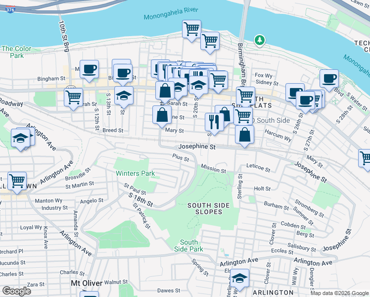 map of restaurants, bars, coffee shops, grocery stores, and more near 1932 Josephine Street in Pittsburgh