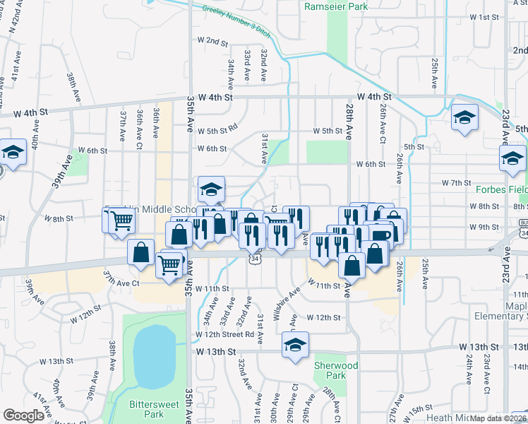 map of restaurants, bars, coffee shops, grocery stores, and more near 3036 West 8th Street Road in Greeley