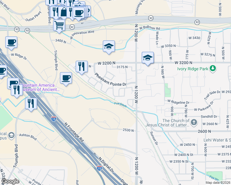 map of restaurants, bars, coffee shops, grocery stores, and more near 2971 1350 West in Lehi
