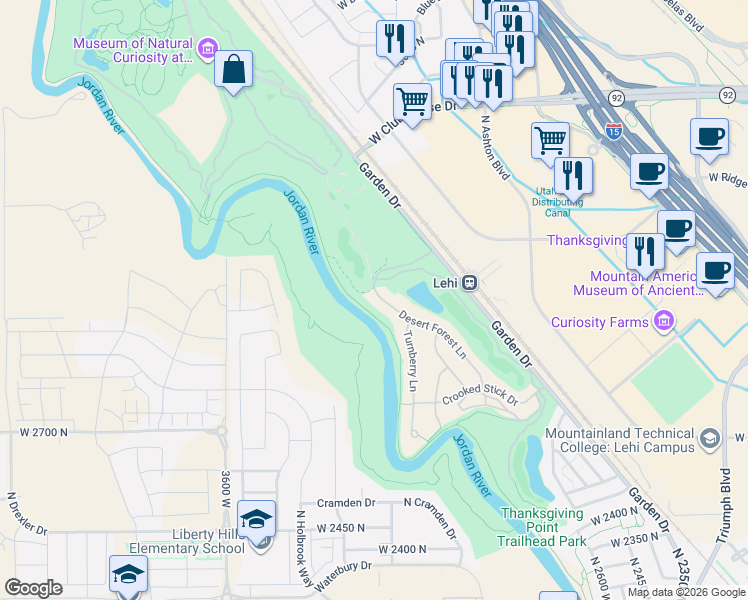map of restaurants, bars, coffee shops, grocery stores, and more near 2986 Desert Forest Lane in Lehi