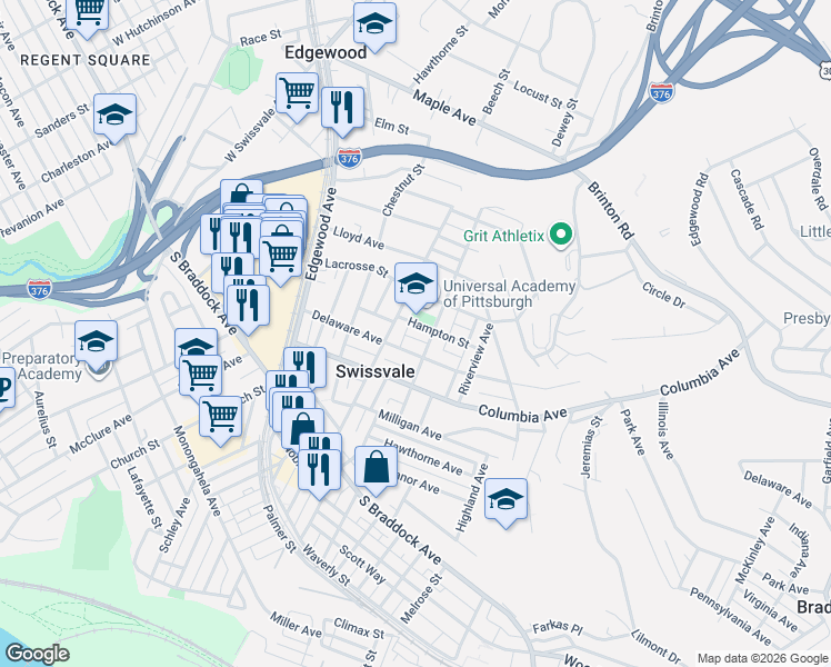 map of restaurants, bars, coffee shops, grocery stores, and more near 2116 Hampton Avenue in Swissvale