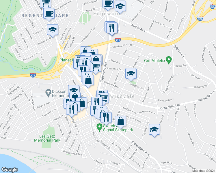 map of restaurants, bars, coffee shops, grocery stores, and more near 1947 Delaware Avenue in Pittsburgh