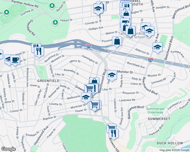 map of restaurants, bars, coffee shops, grocery stores, and more near 4103 Windsor Street in Pittsburgh