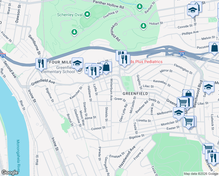 map of restaurants, bars, coffee shops, grocery stores, and more near in Pittsburgh