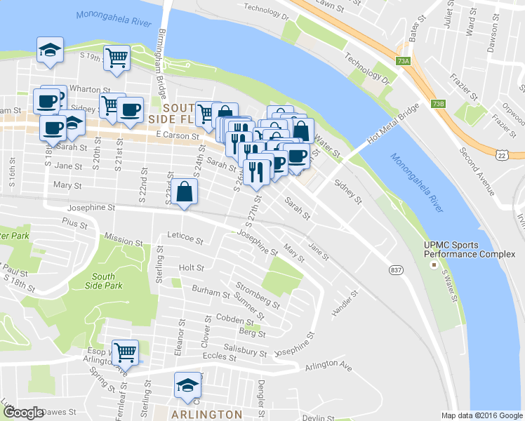 map of restaurants, bars, coffee shops, grocery stores, and more near 63 South 27th Street in Pittsburgh