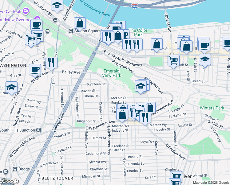 map of restaurants, bars, coffee shops, grocery stores, and more near 640 Science Street in Pittsburgh