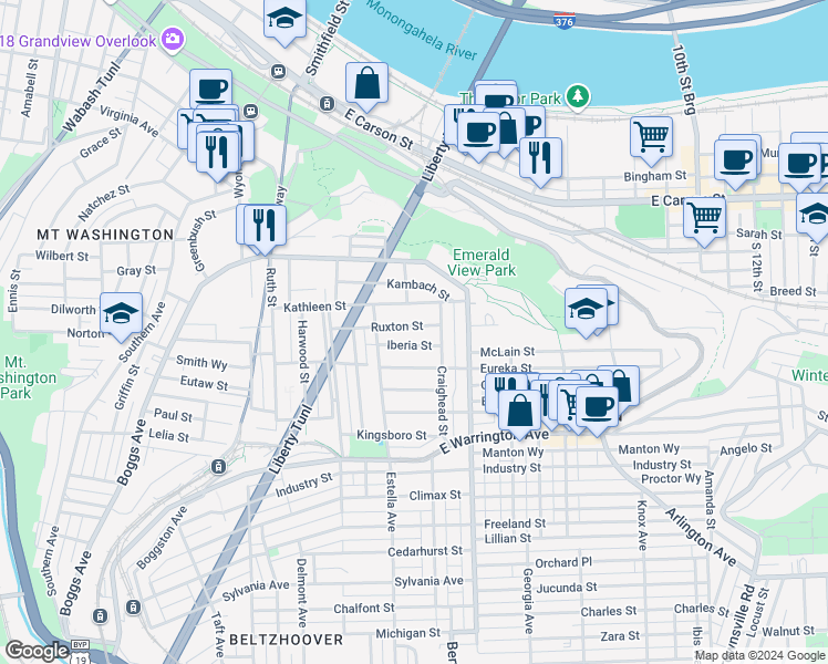 map of restaurants, bars, coffee shops, grocery stores, and more near 435 Ruxton Street in Pittsburgh