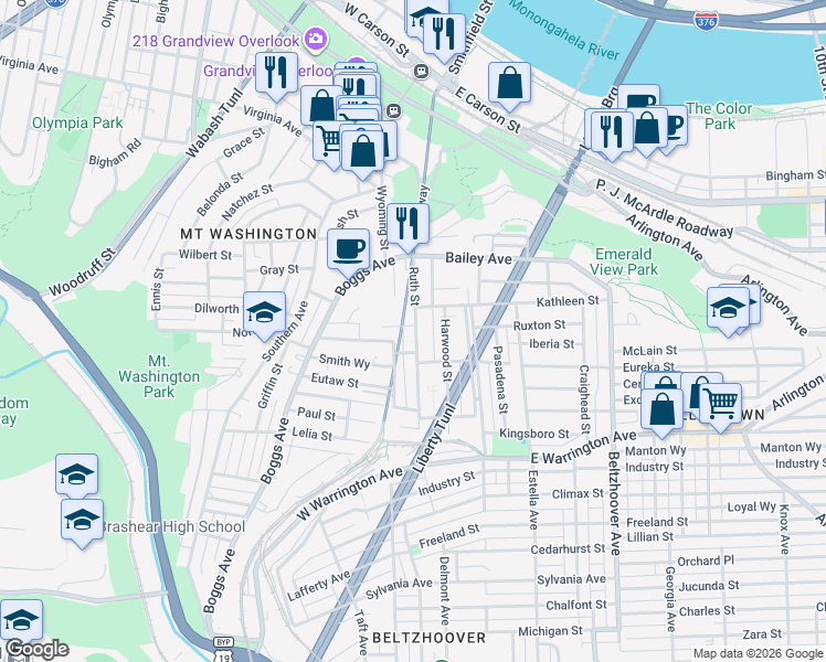 map of restaurants, bars, coffee shops, grocery stores, and more near 110 Tuscola Street in Pittsburgh