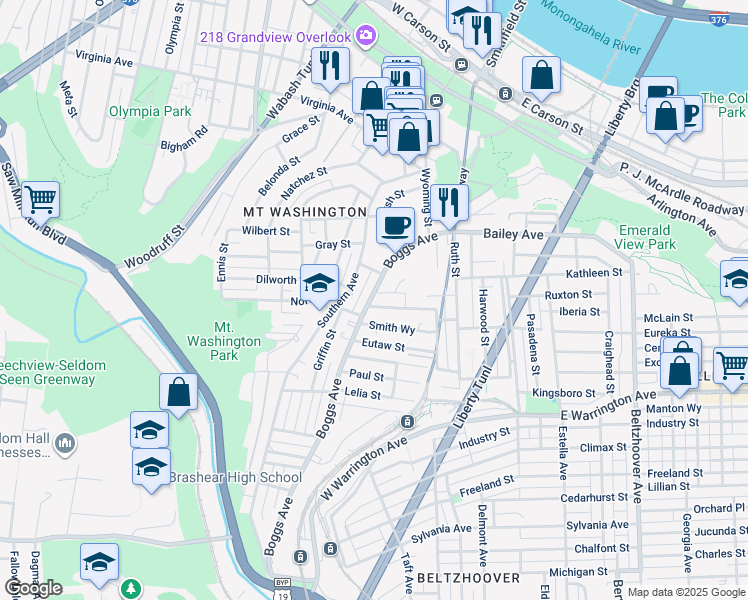 map of restaurants, bars, coffee shops, grocery stores, and more near 327 Boggs Avenue in Pittsburgh