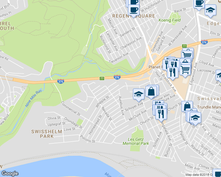 map of restaurants, bars, coffee shops, grocery stores, and more near 7204 Raymond Street in Pittsburgh
