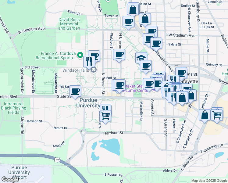 map of restaurants, bars, coffee shops, grocery stores, and more near 14 Waldron Street in West Lafayette