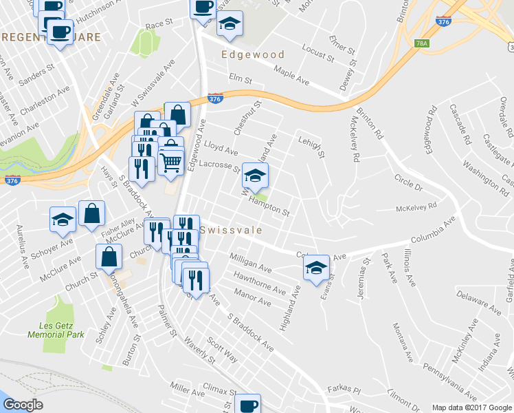 map of restaurants, bars, coffee shops, grocery stores, and more near 2116 Hampton Street in Pittsburgh