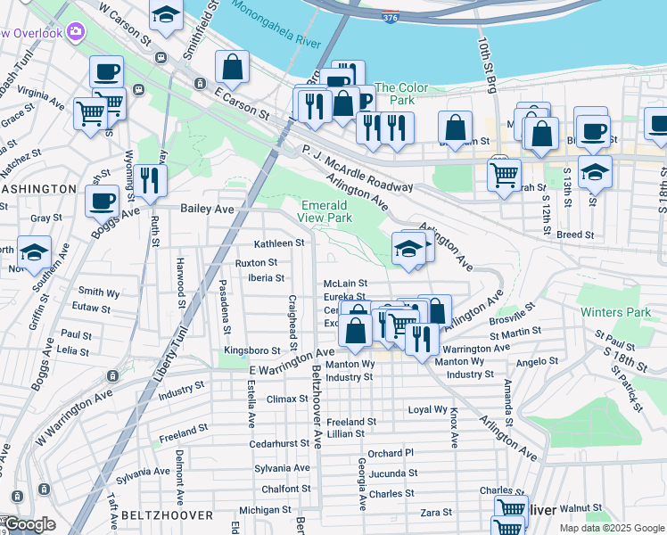 map of restaurants, bars, coffee shops, grocery stores, and more near 640 Science Street in Pittsburgh