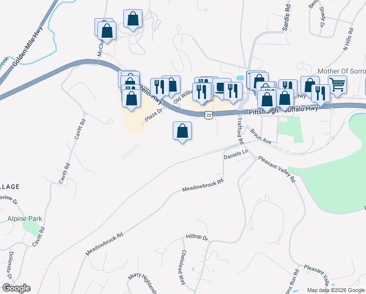 map of restaurants, bars, coffee shops, grocery stores, and more near 3880 Meadowbrook Road in Murrysville