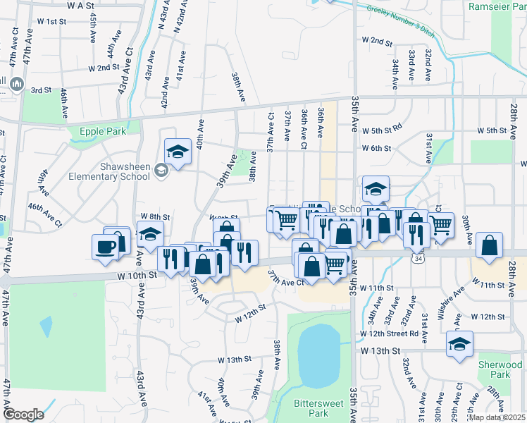 map of restaurants, bars, coffee shops, grocery stores, and more near 3723 West 8th Street in Greeley
