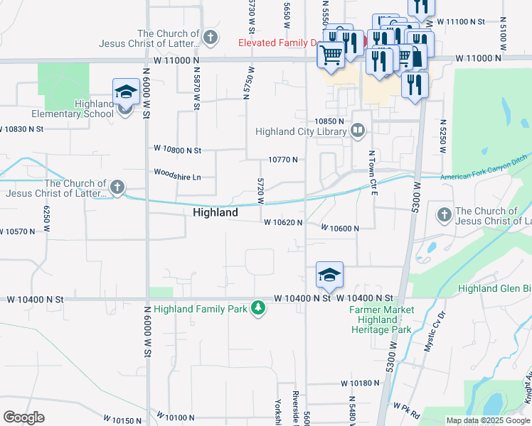 map of restaurants, bars, coffee shops, grocery stores, and more near 10644 5720 West in Highland