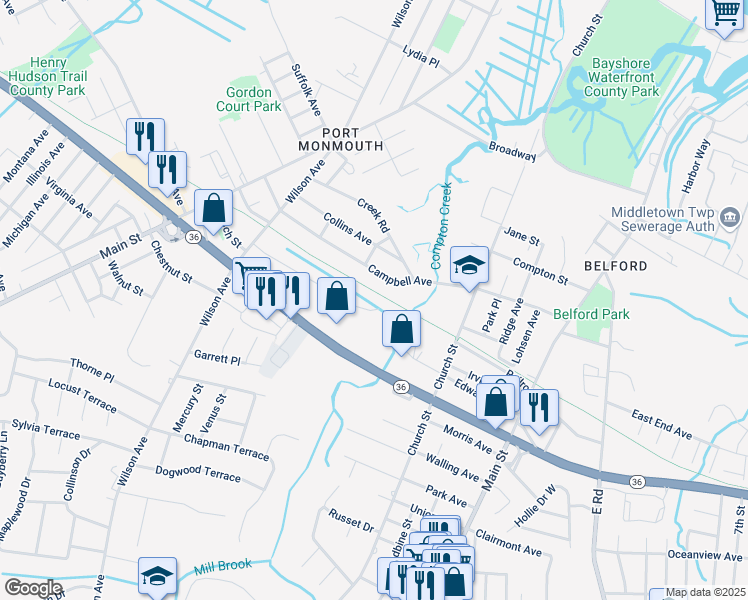 map of restaurants, bars, coffee shops, grocery stores, and more near 51 Willow Street in Port Monmouth