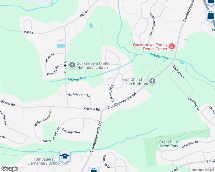 map of restaurants, bars, coffee shops, grocery stores, and more near 1120 Colony Drive in Quakertown
