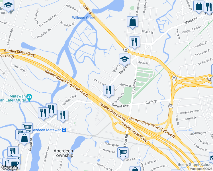 map of restaurants, bars, coffee shops, grocery stores, and more near 4 Cross Avenue in Aberdeen Township