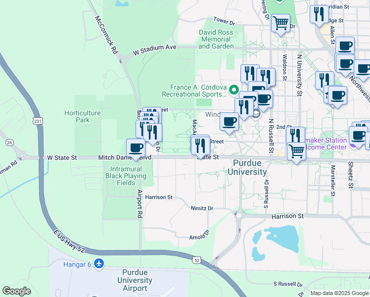map of restaurants, bars, coffee shops, grocery stores, and more near 107 MacArthur Drive in West Lafayette