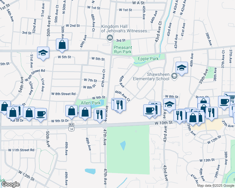map of restaurants, bars, coffee shops, grocery stores, and more near 609 46th Avenue Court in Greeley