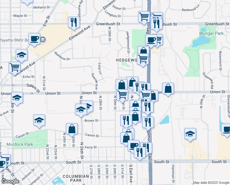 map of restaurants, bars, coffee shops, grocery stores, and more near Union Street in Lafayette