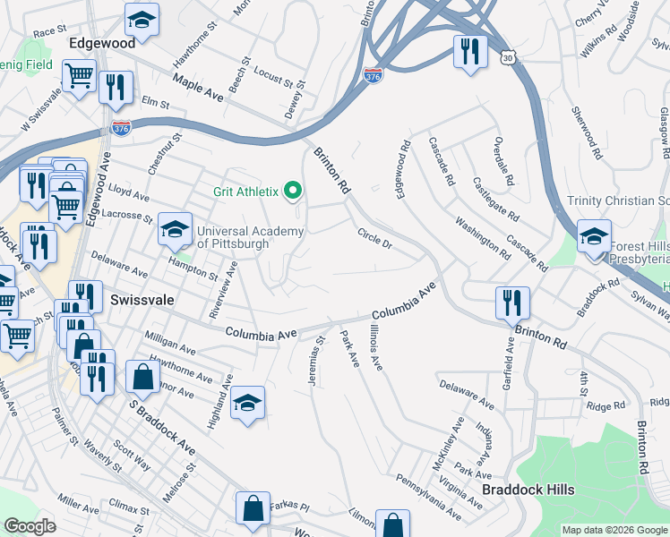 map of restaurants, bars, coffee shops, grocery stores, and more near 2843 McKelvey Road in Pittsburgh