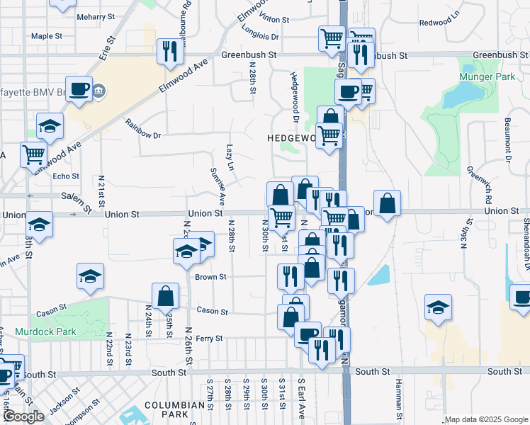 map of restaurants, bars, coffee shops, grocery stores, and more near 2998 Union Street in Lafayette