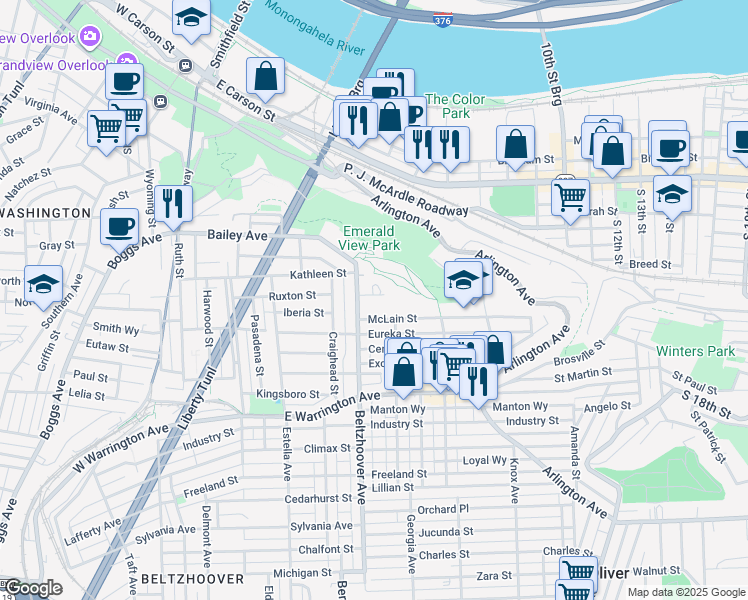 map of restaurants, bars, coffee shops, grocery stores, and more near 7 Science Street in Pittsburgh