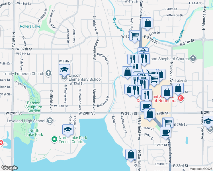map of restaurants, bars, coffee shops, grocery stores, and more near 3219 Butternut Drive in Loveland