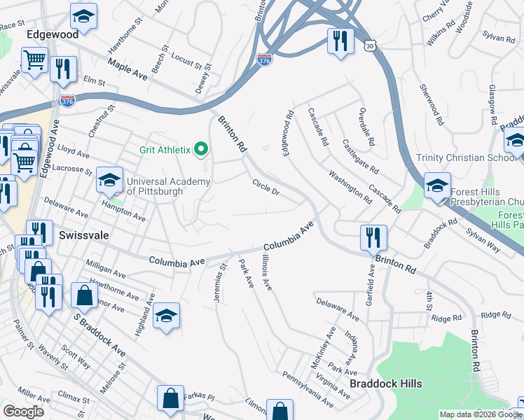 map of restaurants, bars, coffee shops, grocery stores, and more near 2825 McKelvey Road in Pittsburgh