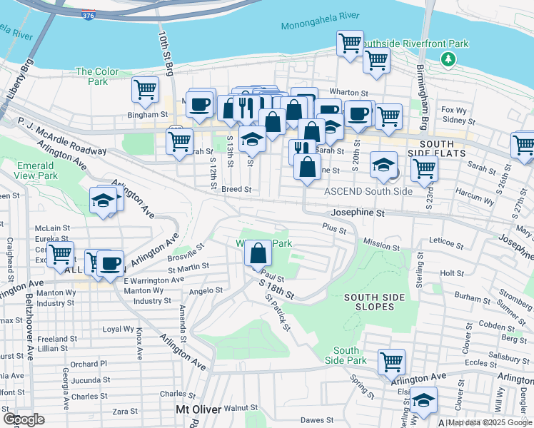 map of restaurants, bars, coffee shops, grocery stores, and more near 1516 Clinton Street in Pittsburgh