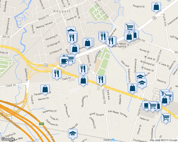 map of restaurants, bars, coffee shops, grocery stores, and more near 466 Main Street in Keyport