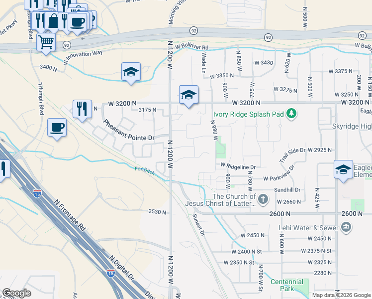 map of restaurants, bars, coffee shops, grocery stores, and more near 1065 West 3020 North in Lehi